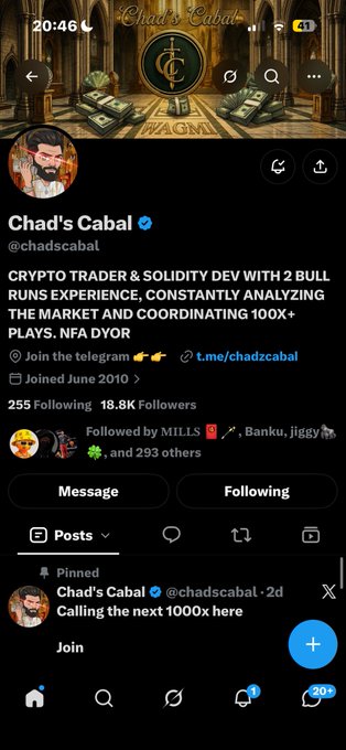 A Twitter/X profile page for 'Chad's Cabal' (@chadscabal), a verified crypto trader account with 18.8K followers and a pinned post about 'Calling the next 1000x here'.