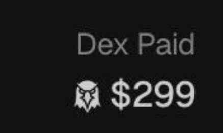 A dark digital display showing the text "Dex Paid" alongside a hooded figure icon and the price "$299".