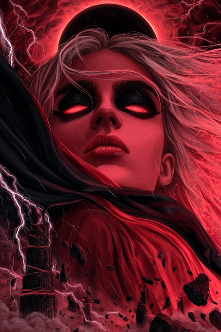 A digital artwork features a woman with glowing red eyes and flowing blonde hair against a dark red background with lightning bolts and a solar eclipse.