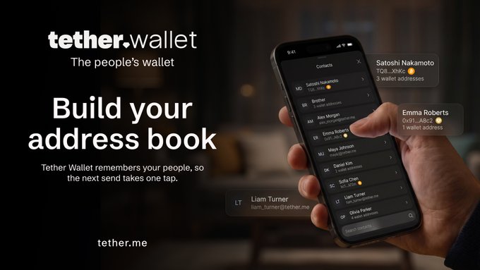 A promotional image for "tether.wallet" features a hand holding a smartphone displaying its address book contacts, including names like Satoshi Nakamoto, Emma Roberts, Liam Turner, and others, with the bold tagline "Build your address book." This visually reinforces the post's message about Tether Wallet's convenience in storing contacts for one-tap crypto transactions.