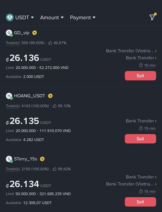 A mobile app screen showing USDT sell orders from users like GD_vip, HOANG_USDT, and STerry_15s, with prices around 26,134–26,136 USDT and VND payment limits.