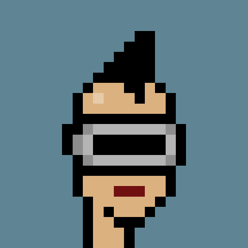 A pixel art illustration of a character's head with dark hair, a headband, and an open mouth, set against a solid blue background.