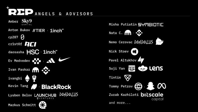 List of 'REP ANGELS & ADVISORS' on a black background, featuring names like Amber (Sky9 Capital), Anton Bukov (1inch), and various associated logos including BlackRock, Adidas, Nike, and DFG.