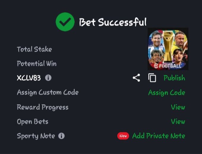A mobile app screenshot showing a 'Bet Successful' confirmation with a green checkmark, listing options like 'Total Stake', 'Potential Win', 'Assign Custom Code', 'Reward Progress', 'Open Bets', and 'Sporty Note' alongside a football app icon.