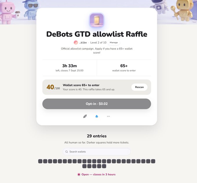 A screenshot of the DeBots GTD allowlist Raffle shows 29 entries remaining with 3h 33m until close on Sept 7 at 15:00, and a user's 40/100 wallet score falls below the 65+ requirement needed to enter. The opt-in button is displayed at $0.02, visually confirming the post's call to action for eligible wallets to compete for Argonauts during the GTD phase at agents4fun.xyz/wl/1/16.