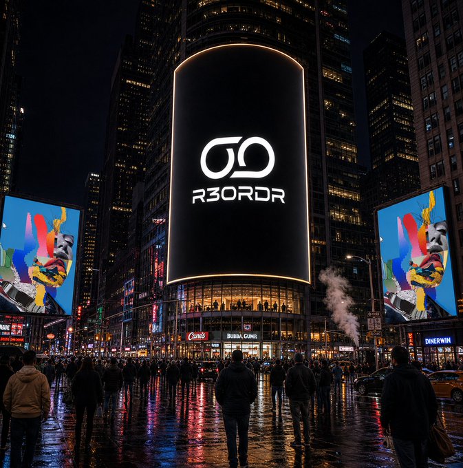 A nighttime cityscape featuring a massive illuminated billboard displaying the 'R3ORDR' logo with stylized glasses, set against a busy urban street with crowds and traffic.