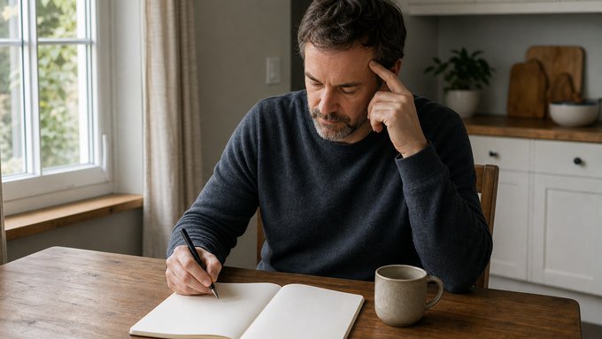 A photograph of a middle-aged man in a dark blue sweater sitting at a wooden table in a kitchen, writing in a notebook with a pen while resting his head on his hand, with a coffee mug nearby.