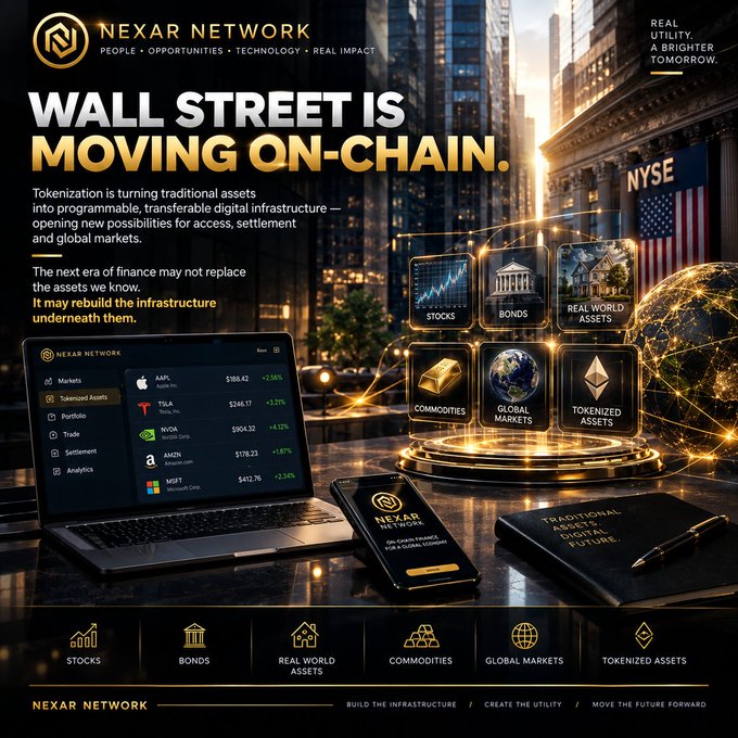 Promotional graphic for 'NEXAR NETWORK' with the headline 'WALL STREET IS MOVING ON-CHAIN,' showing a laptop displaying a portfolio (AAPL, TSLA, NVDA, AMZN, MSFT), a smartphone, and icons for Stocks, Bonds, Real World Assets, Commodities, Global Markets, and Tokenized Assets against a backdrop of the NYSE.