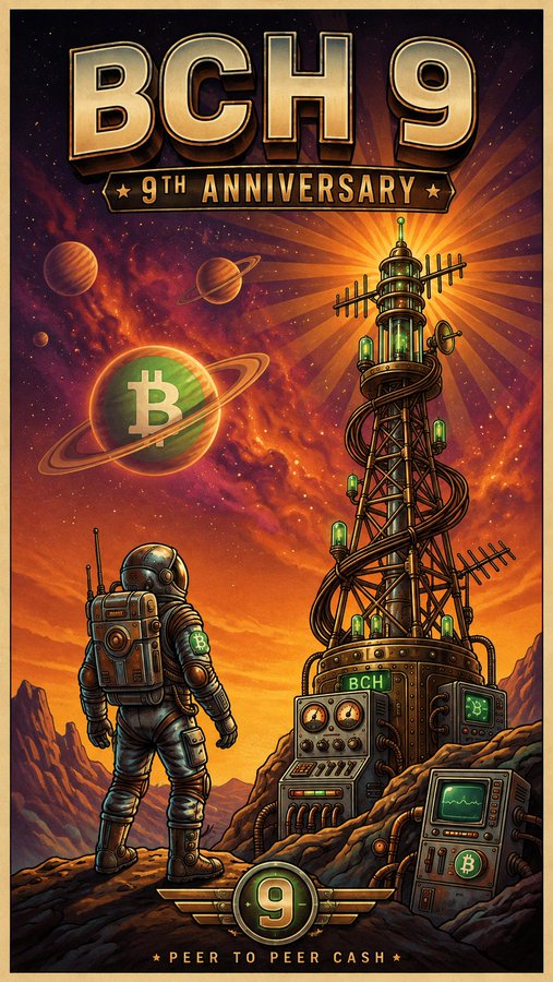 A vibrant, retro-futuristic illustration celebrating the 'BCH 9 - 9TH ANNIVERSARY' of peer-to-peer cash. It features an astronaut looking at a towering, neon-lit Bitcoin Cash mining rig and communications tower on a rocky alien landscape beneath a ringed planet with the Bitcoin logo.