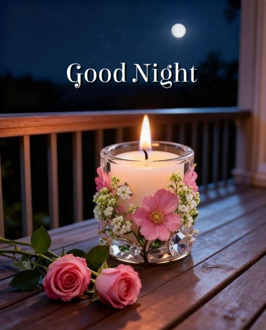A lit candle decorated with pink flowers sits on a wooden porch railing under a moonlit night sky, accompanied by two pink roses, with the text "Good Night" displayed above.

The serene scene perfectly complements the "Good Night X Family. May the night be bright." message, with the glowing candle and full moon symbolizing brightness and warmth to wish loved ones a peaceful evening.