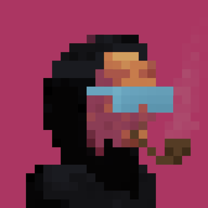 A pixel-art style profile portrait of a hooded figure with an orange face and light blue visor/mask, smoking a pipe against a magenta background. The image represents the newly acquired NFT character "Argonaut #2417" from the crypto collectibles series, depicted in the signature low-resolution, blocky aesthetic typical of generative profile pic projects.