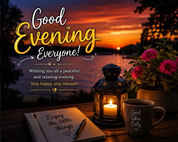 A warm, cozy evening greeting card reading 'Good Evening Everyone! Wishing you all a peaceful and relaxing evening. Stay happy, stay blessed!' featuring a lantern, notebook, mug saying 'Good Vibes Only', and flowers against a sunset lake backdrop.