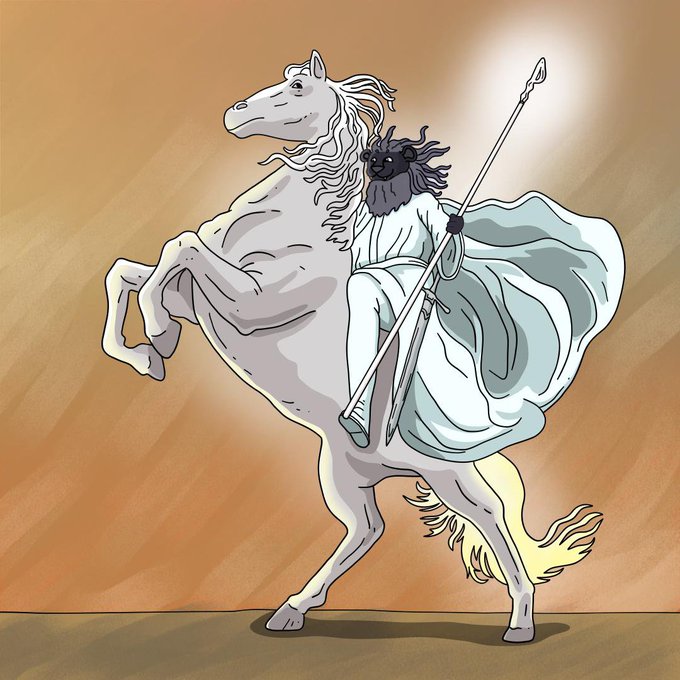An artistic illustration depicts a warrior figure in white robes riding a rearing white horse, holding a spear, set against a warm orange/brown background.