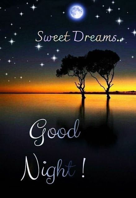 A 'Sweet Dreams, Good Night!' greeting image featuring a silhouetted tree reflected in water under a starry night sky with a full moon.