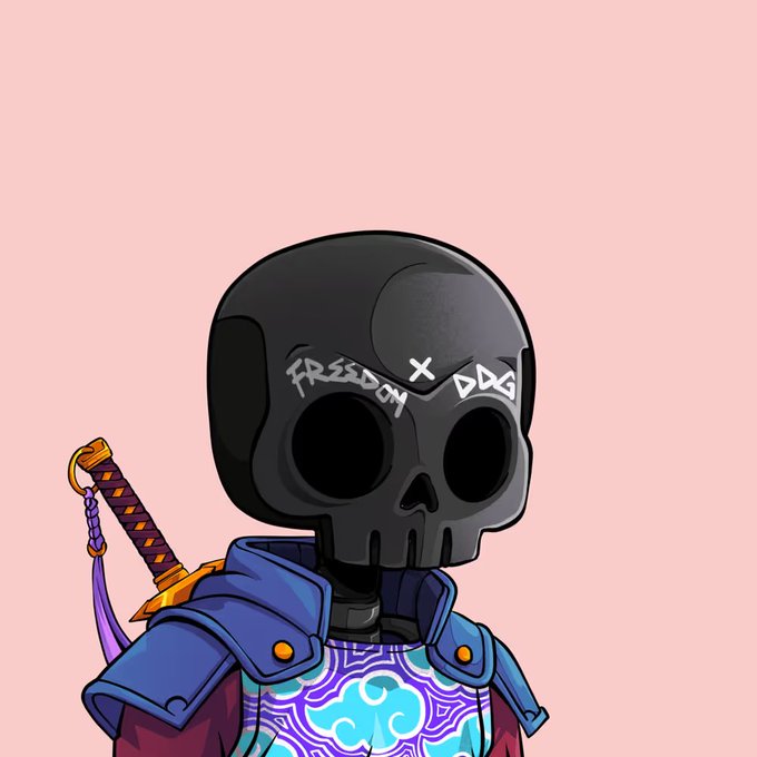A digital illustration of a skull-headed character wearing a blue jacket and patterned shirt, with "FREEDOM X DOGG" written across the skull's forehead.