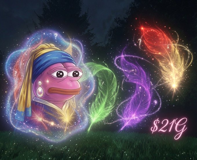 A psychedelic digital artwork featuring a pink Pepe the Frog styled as Vermeer's 'Girl with a Pearl Earring,' surrounded by glowing colorful feathers and labeled '$21G'.