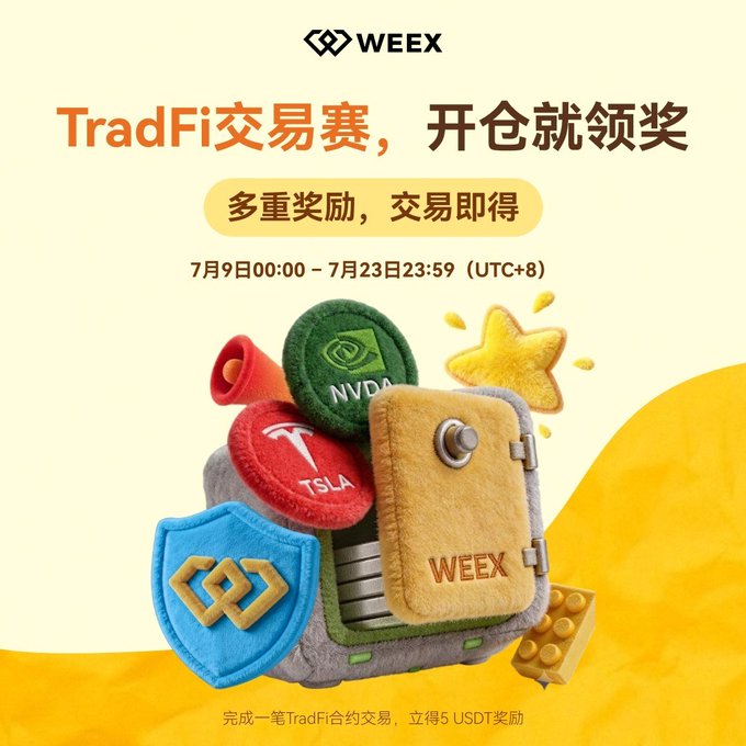 A WEEX promotional banner with Chinese text 'TradFi交易赛，开仓就领奖' advertising a trading competition from July 9 to July 23, featuring felt patches with NVDA, TSLA, and WEEX logos.
