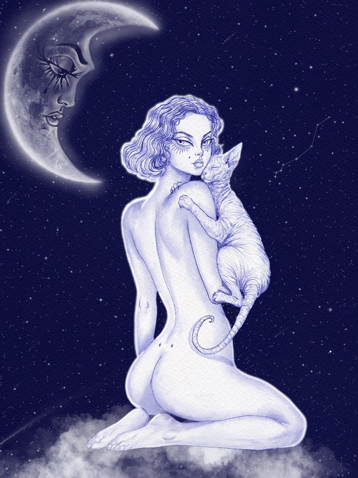 A monochromatic blue and white illustration depicting a nude woman viewed from behind holding a hairless cat, with a personified crescent moon featuring a face observing them from a starry background.