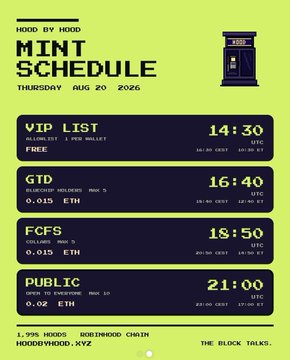 A green and black 'MINT SCHEDULE' promotional graphic for Thursday, August 20, 2026, listing VIP List (14:30), GTD (16:40), FCFS (18:50), and PUBLIC (21:00) mint times with their respective ETH prices, featuring 'HOOD BY HOOD' branding and 'ROBINHOOD CHAIN'.