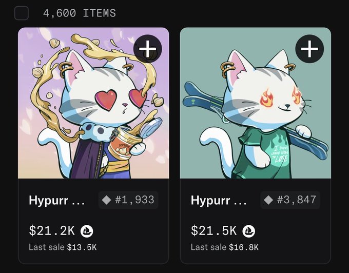 Two NFT listings for "Hypurr" collectibles priced at $21.2K (#1,933) and $21.5K (#3,847), with last sales of $13.5K and $16.8K respectively, illustrating the post's point that Hypurr prices have roughly doubled from $10K to over $21K since the author posted.