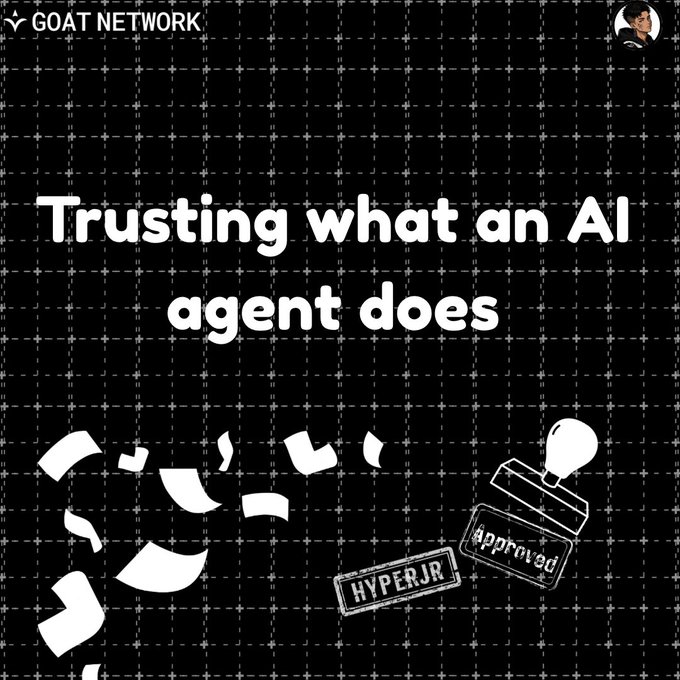 A graphic with 'GOAT NETWORK' logo titled 'Trusting what an AI agent does,' featuring a stamp-style approval graphic and scattered paper pieces on a grid background.