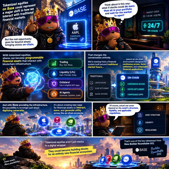 An illustrated comic-style educational graphic about tokenized equities on Base, featuring a bear character in sunglasses explaining how shares can become programmable assets with 24/7 on-chain trading.