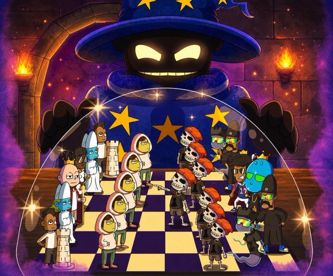 A fantasy illustration depicting a giant wizard character wearing a star-covered blue hat overseeing a chess game with various character pieces on a checkered board.