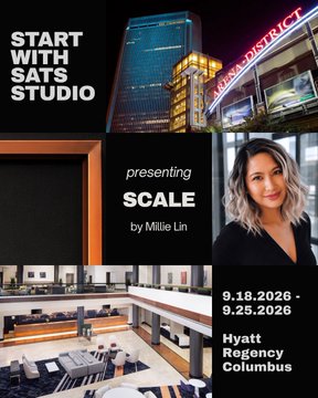 Promotional graphic for "Start with Sats Studio" announcing the debut of conceptual artwork "SCALE" by Millie Lin, with exhibition details showing dates 9.18.2026 - 9.25.2026 at the Hyatt Regency Columbus. The collage features nighttime exterior shots of the hotel and a portrait of the artist, aligning with the post's announcement of the solo exhibition during the Midwest Bitcoin Summit.