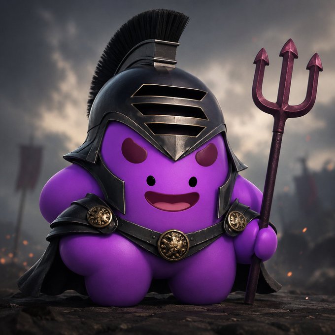 A purple cartoon character dressed as a gladiator with a black helmet and holding a red trident, set against a dramatic cloudy battlefield background.