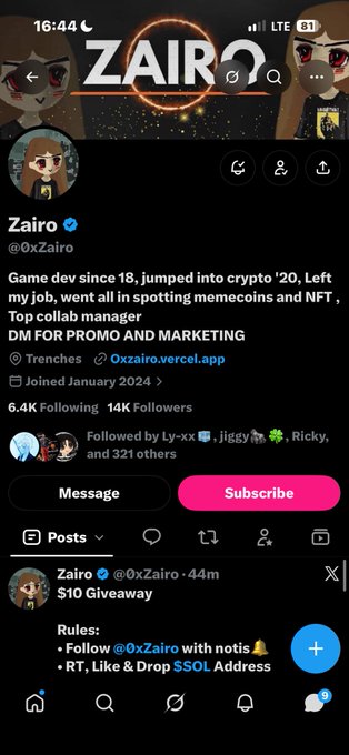 A Twitter/X profile page of Zairo (@0xZairo) with bio describing him as a game dev turned crypto/NFT promoter and DM for marketing, showing a $10 Giveaway post.