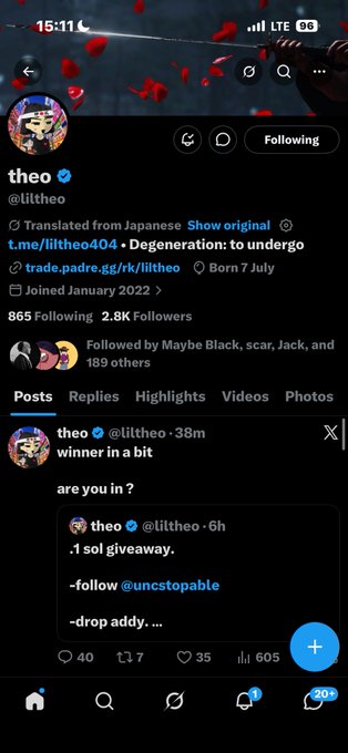 A Twitter/X profile screenshot for user 'theo' (@liltheo) showing a recent post 'winner in a bit' and an earlier post about a '.1 sol giveaway' requiring users to follow @uncstoppable and 'drop addy'.