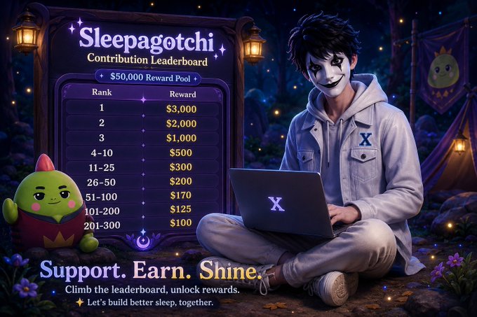 A 'Sleepagotchi Contribution Leaderboard' graphic showing a $50,000 Reward Pool with tiered payouts from $3,000 to $100, featuring an anime-style character in a white hoodie using a laptop with an 'X' logo, alongside a green creature character.