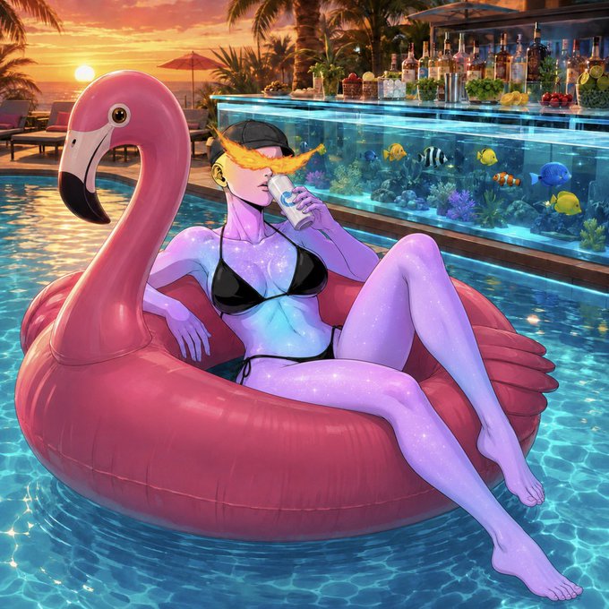 A digital illustration of a purple-skinned woman with glowing orange hair lounging on a pink flamingo floatie in a pool, drinking from a can at sunset with a fish tank bar in the background.