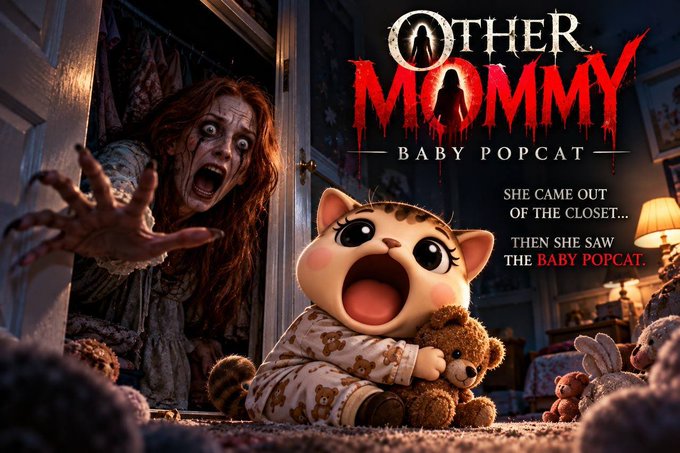 A horror-themed parody poster titled 'OTHER MOMMY - BABY POPCAT', showing a creepy zombie-like woman emerging from a closet and a cute, animated kitten character holding a teddy bear, with the text 'SHE CAME OUT OF THE CLOSET... THEN SHE SAW THE BABY POPCAT.'