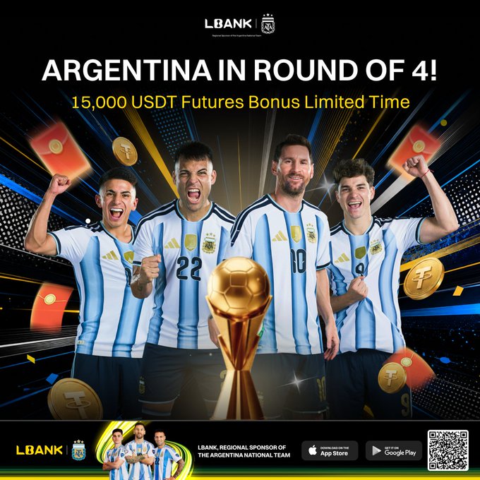Promotional image for LBank featuring Argentina national team players (including Messi and Lautaro Martinez in #22) celebrating around the World Cup trophy, with text reading "ARGENTINA IN ROUND OF 4!" and "15,000 USDT Futures Bonus Limited Time," branding LBank as the "REGIONAL SPONSOR OF THE ARGENTINA NATIONAL TEAM" with App Store and Google Play download links.