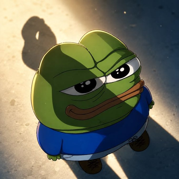 A digital illustration of the Pepe the Frog meme character standing in sunlight, casting a shadow on the ground.