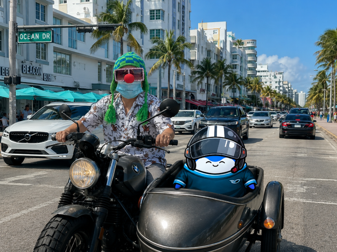 A man wearing a colorful jester-style hat, sunglasses, and a face mask rides a motorcycle with a sidecar on Ocean Drive, accompanied by a Pudgy Penguin mascot figure in a black helmet. The scene is set on a sunny Miami beach street lined with palm trees, with a "Beacon" sign and "Ocean Dr" street sign visible in the background, matching the post's reference to cruising with the Pudgy Penguin NFT character alongside #CryptoNovo.