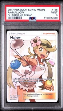 A graded PSA 9 2017 Pokemon Sun & Moon Guardians Rising Mallow Trainer card (#145) in a protective slab.