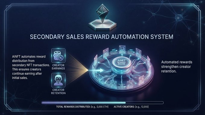 A digital infographic titled 'SECONDARY SALES REWARD AUTOMATION SYSTEM' explaining how AINFT automates reward distribution from secondary NFT transactions to ensure creator earnings and retention, with metrics showing TOTAL REWARDS DISTRIBUTED and ACTIVE CREATORS.