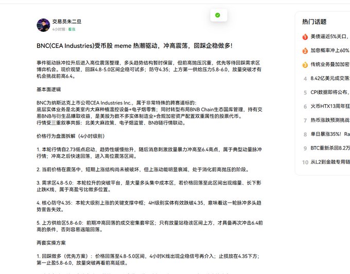A Chinese-language trading analysis post by '交易員朱二旦' about BNC (CEA Industries), discussing meme stock trading opportunities with price targets at 4.35, 5.8-6.0, and stop-loss recommendations.