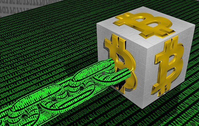 A graphic depicting a white cube covered in golden Bitcoin symbols being pulled by a chain made of green binary code.
