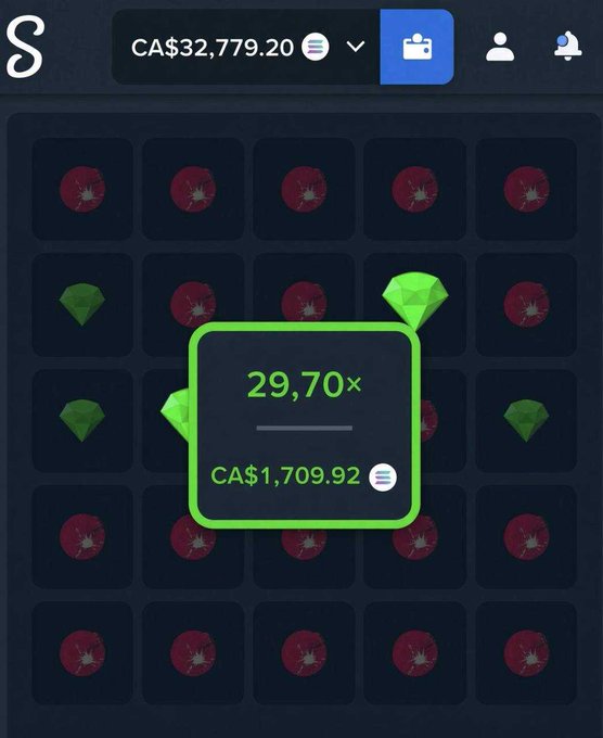 The image displays a screenshot from Stake, an online casino/gambling platform, showing a slot or grid game with red and green gem symbols, where a winning combination of three green gems has awarded a payout of CA$1,709.92 at 29.70x the bet, with the user's account balance at CA$32,779.20.

The post promotes the user's Stake username via a Google Forms link, likely as part of a referral or affiliate promotion.