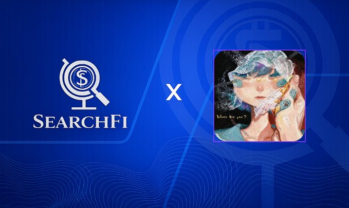 A blue promotional graphic displaying the 'SearchFi' logo with a globe and magnifying glass icon next to an 'X' and an artistic painting of a woman wearing a green and white floral headpiece.