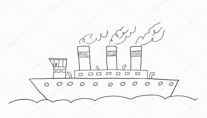 A simple black-and-white line drawing depicts an ocean liner or steamship with three smoking smokestacks sailing on wavy water.