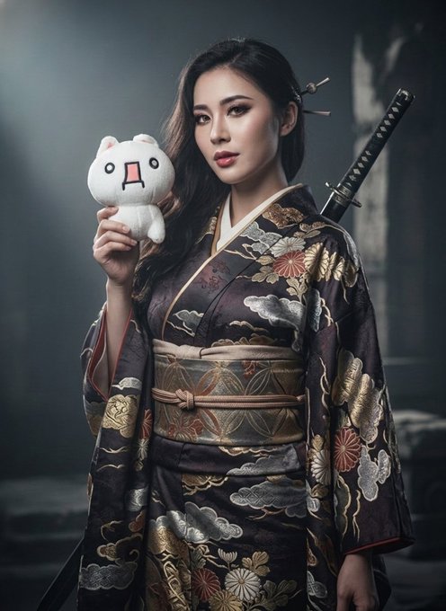 A woman wearing a traditional dark patterned kimono holds a small white plush toy while a katana is visible behind her back.