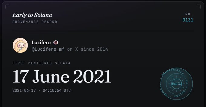 The image contains a black background with white text that displays a date, "17 JUN 2021", which appears to be an account of when the first time someone posted about Solana on X. It also mentions that the first time this was done in Solana on x since 202nd January. The post is written by a person named Luciferro.