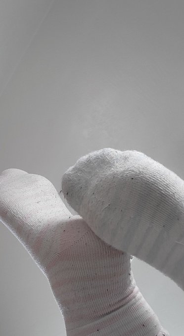 A close-up of white socks or a white plush object against a plain light gray background.