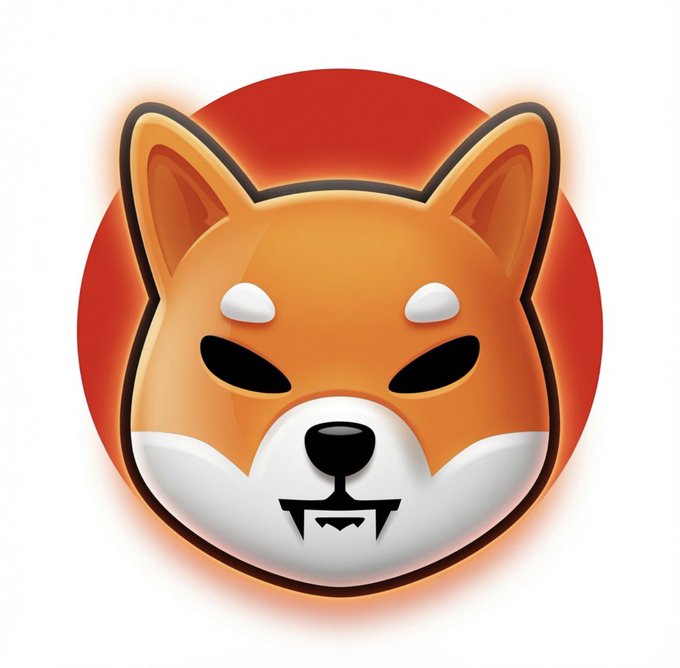 A logo featuring an orange and white Shiba Inu dog face with black eyes and nose, set against a red circular background.