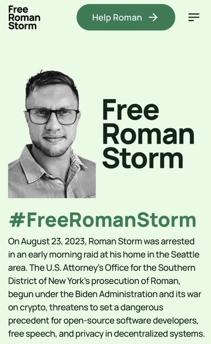 This image is from a "Free Roman Storm" campaign, urging support to prevent a dangerous precedent against open-source developers. The accompanying text highlights Roman Storm's arrest on August 23, 2023, and the DOJ's push for a retrial, emphasizing the implications for coding and privacy.