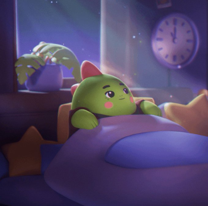 A 3D-rendered illustration of a cute green character with rosy cheeks in bed under starry purple lighting, with a clock reading midnight and a potted plant in the background.